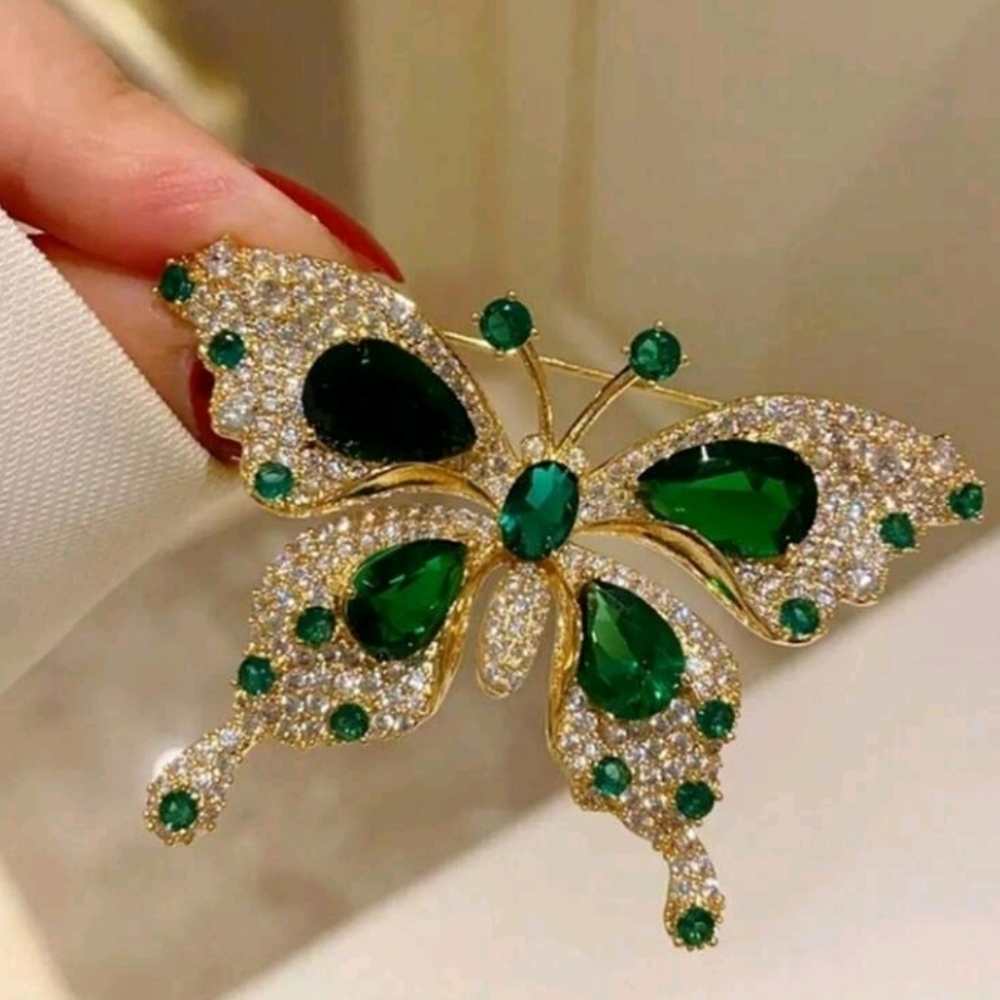 Elegant Green and Gold Butterfly Brooch Pin